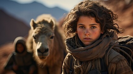 Berber boy next to a camel in the desert.