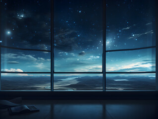 A serene view of the starry night sky from a modern, luxurious space home.