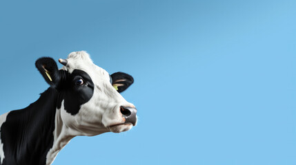 Funny cute cow isolated on blue. Talking black and white cow close up. Funny curious cow. Farm animals. Pet cow on sky background looking at the camera
