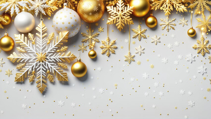 white and gold christmas background with sparkling snowflakes and ornaments