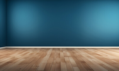 Empty room with a soothing blue wall and wooden flooring, a blank canvas for creativity.