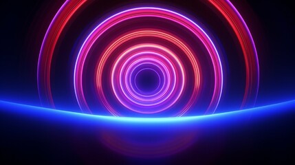 3d render, glowing rings, round lines, tunnel, neon lights, virtual reality, abstract background, circles, red blue spectrum, vibrant colors, laser show