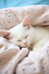 White cat sleeping in bed. Generative AI,