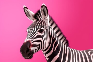 Portrait of a beautiful zebra isolated on a pink background.