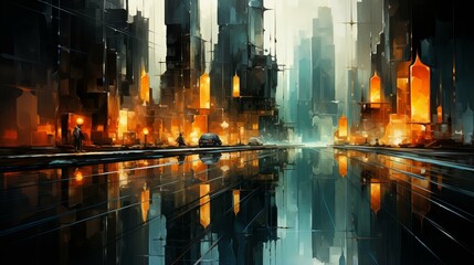 Futuristic Urban Odyssey. Abstract Cityscape Art with a Cyberpunk Twist and Dramatic Skyline