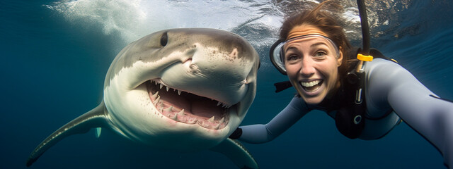 A woman with a shark dives in the water. Generative AI,