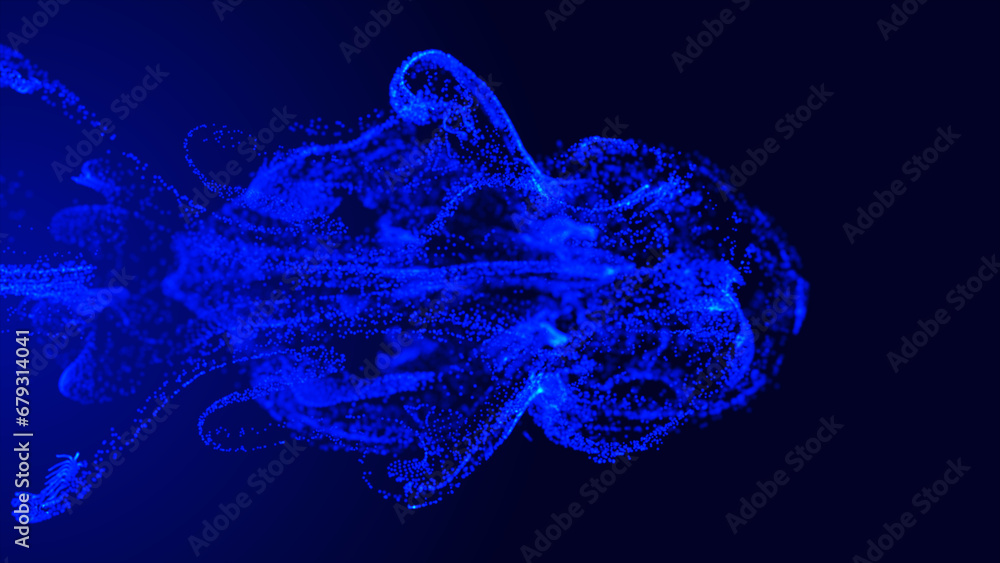 Poster blue fluid particle dots. glowing fluid particles flow with a dark background; an abstract backgroun
