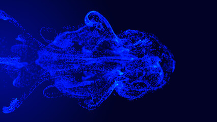 Blue fluid particle dots. Glowing fluid particles flow with a dark background; an abstract background of flying and flickering liquid particles as bokeh of light.
