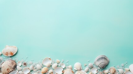 shells and stones on a mint background.