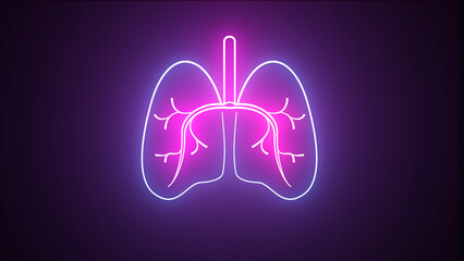 Human respiratory system, lungs, anatomy. Glowing colorful neon human lung. Bright neon line Lungs icon isolated on black background. - obrazy, fototapety, plakaty