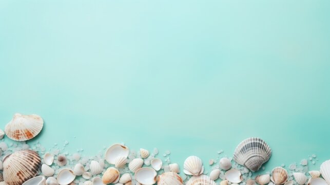 shells and stones on a mint background.