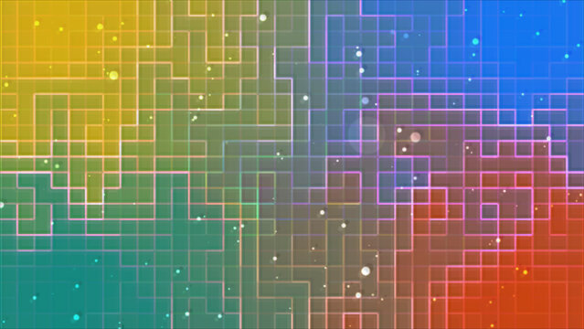 A digital square grid and moving particles are isolated on a gradient background. Pixelated technology background with colored squares
