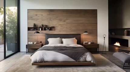 a chic urban bedroom with a headboard hiding ample storage