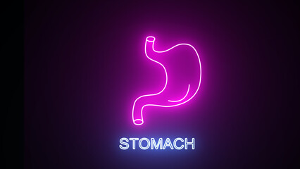 Glowing purple neon line A human stomach icon is isolated on a black background. Human stomach with...