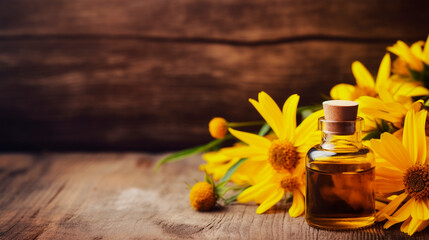 Arnica essential oil on wooden background. Generative AI,
