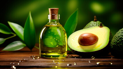 Avocado cosmetic oil on a wooden background. Generative AI,