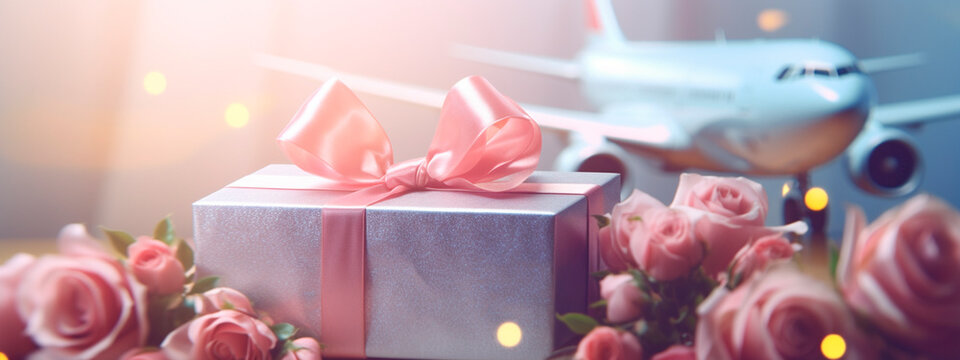 airplane flowers gift box gift Valentine's Day. Generative AI,