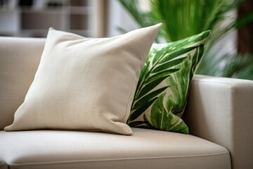 Close up details of beige sofa with cushions in the contemporary living room interior