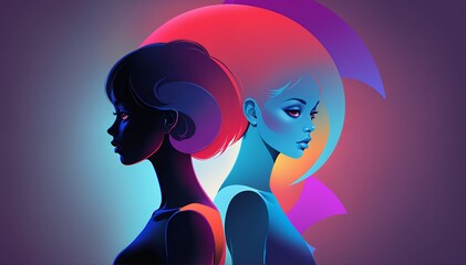 An abstract silhouette of woman heads, accentuated with bold, vibrant colors and geometric shapes. Minimalist background with gradient of contrasting hues, transitioning from warm to cool tones