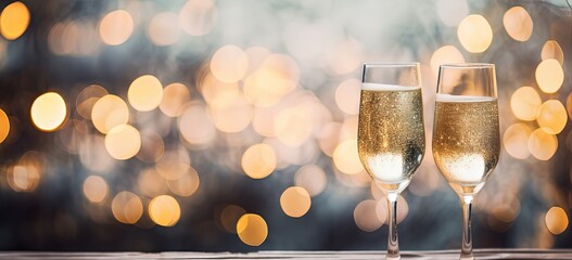 close up two glasses of champagne with bokeh light on winter snow time, ground covered with snow,...