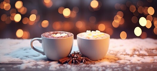 close up two hot chocolate mug topping with marshmallow, winter snow night in outdoor park with...