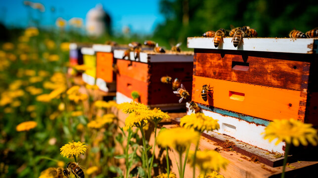 Beehive apiary bees and flowers in the meadow. Generative AI,