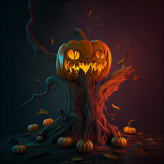 Ghoulish Glow: High-Quality Jack O'Lantern Pumpkin with Dead Tree