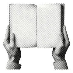 hands holding open book isolated retro grunge halftone dotted texture vintage magazine style collage element for mixed media design - obrazy, fototapety, plakaty