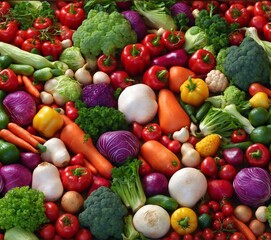 Heap of fresh vegetables as background, top view, closeup