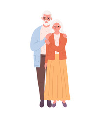 Elderly marriage couple hugging. Smiling grandpa and granny. Vector illustration in flat style