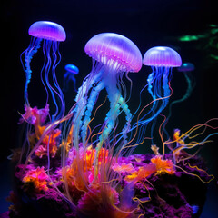 Jellyfish swimming in the water. Colorful jellyfish in aquarium