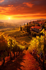 Vineyards with peas in the village at dawn. Generative AI, - obrazy, fototapety, plakaty