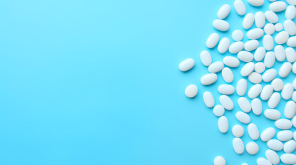 A light blue background is filled with different pills, capsules and medicines. Copy space. Health Care and Medicine advertising concept.
