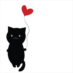 Black cat on a white background with a heart-shaped balloon,vector.Red Heart Baloon.Card with a cat