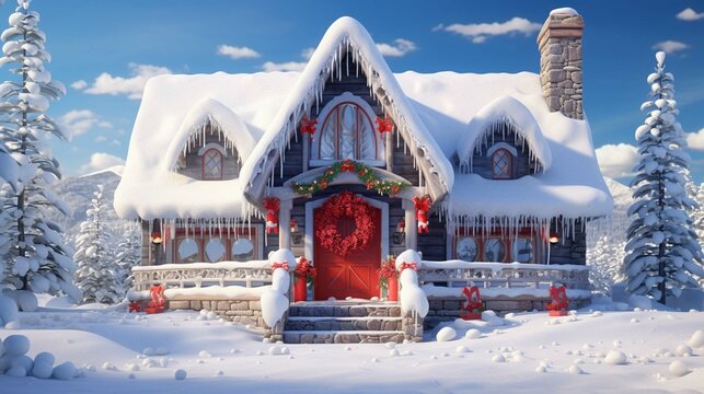 Picture of Santa Claus' home closeup from the outside. The house stands on snowy ground, it has a fence for reindeers and a smokey chimney. 