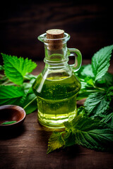 Nettle cosmetic oil on a wooden background. Generative AI,