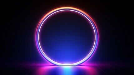 Obraz premium Abstract neon background with multicolored glowing rings on dark background. Empty glowing techno backdrop. Luminous swirling. Floor reflection. Frame, circle, ring shape, empty space. 3D illustration