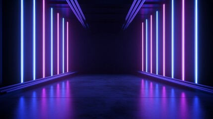 Blue and Purple Neon Tube Lights in The empty dark room 3D Rendering Illustration background
