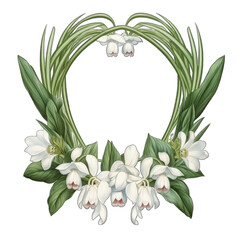 White snowdrops flowers in a graphic frame or border, isolated transparent PNG background