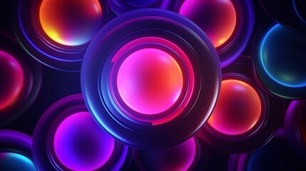 Circle multicolored. Neoned geometric figures on dark background, horizontal bright wallpaper. Synth, modern, trendy colored and futuristic style. Copyspace for advertising. Glow light, cyberspace.