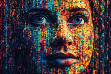 Close up of a face of a woman, binary code