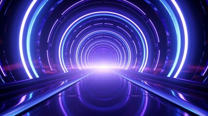Infinity flight inside tunnel, neon light abstract background, round arcade, portal, rings, circles, virtual reality, ultraviolet spectrum, laser show, metal floor reflection. 3d illustration