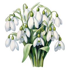 White snowdrops flowers, isolated transparent PNG background