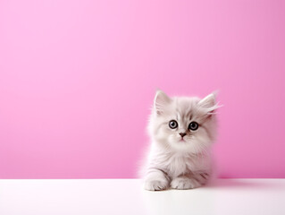 Fluffy white kitten sits on a pink background. Generation AI
