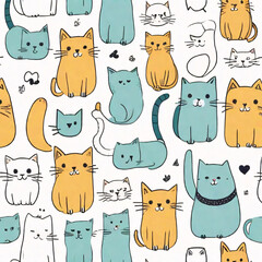 Seamless pattern with cats. Background for fabric, textile, wallpaper, posters, gift wrapping paper, napkins, tablecloths, pajamas. Print for kids, baby, children blue color