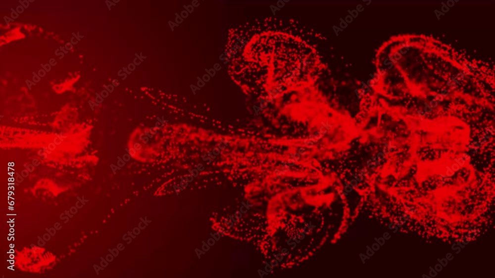 Poster red fluid particle dots are flowing in the animated video. animation of glow fluid particles flowing