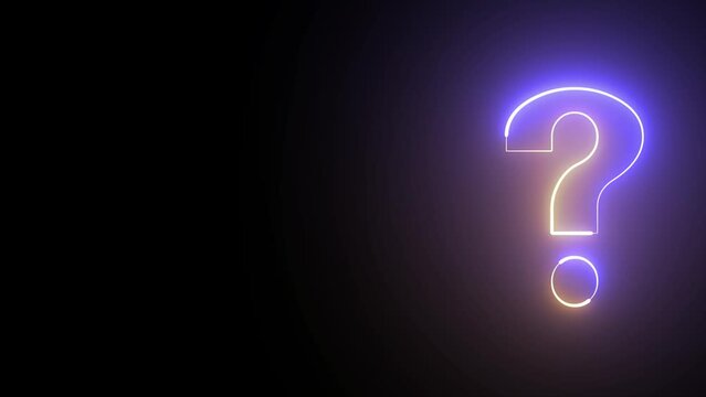 Glowing purple and blue neon question mark symbol on alpha channel background. Question mark sign animation. Neon colored digital 3D big question sign
