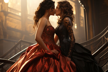 Two women dressed in evening gowns, giving each other a kiss. LGBT +