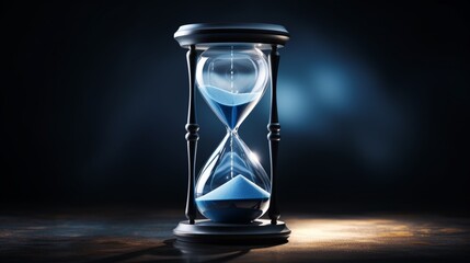 A minimalist, glass hourglass with blue sand running out, symbolizing the old year's end. - obrazy, fototapety, plakaty
