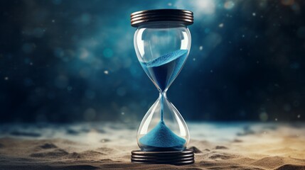 A minimalist, glass hourglass with blue sand running out, symbolizing the old year's end.